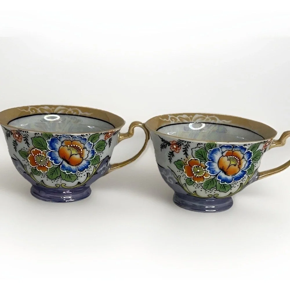 Vintage Japanese Porcelain Footed Teacups Gold Handle Floral Imari Style Teacups